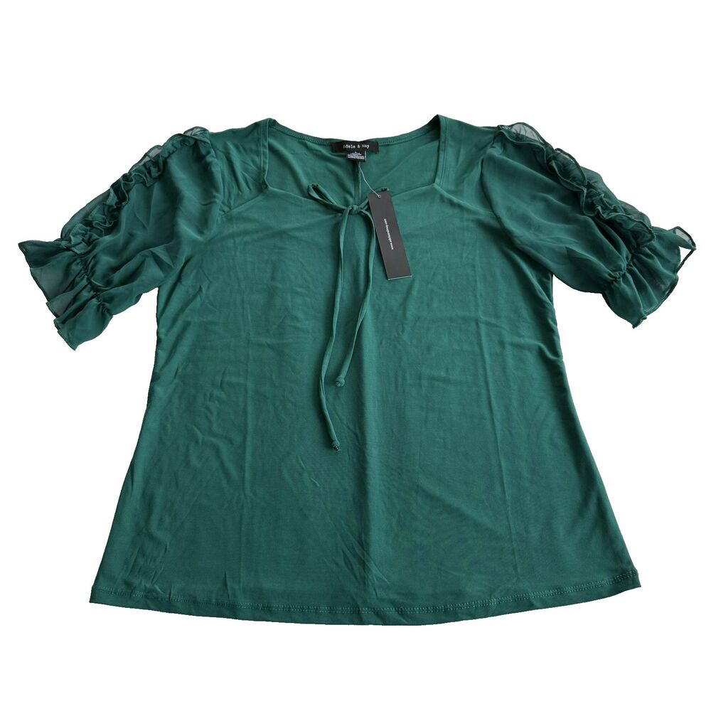Adele & May L Blouse Sweetheart Neck Stretch Green Ruffles Fancy NWT